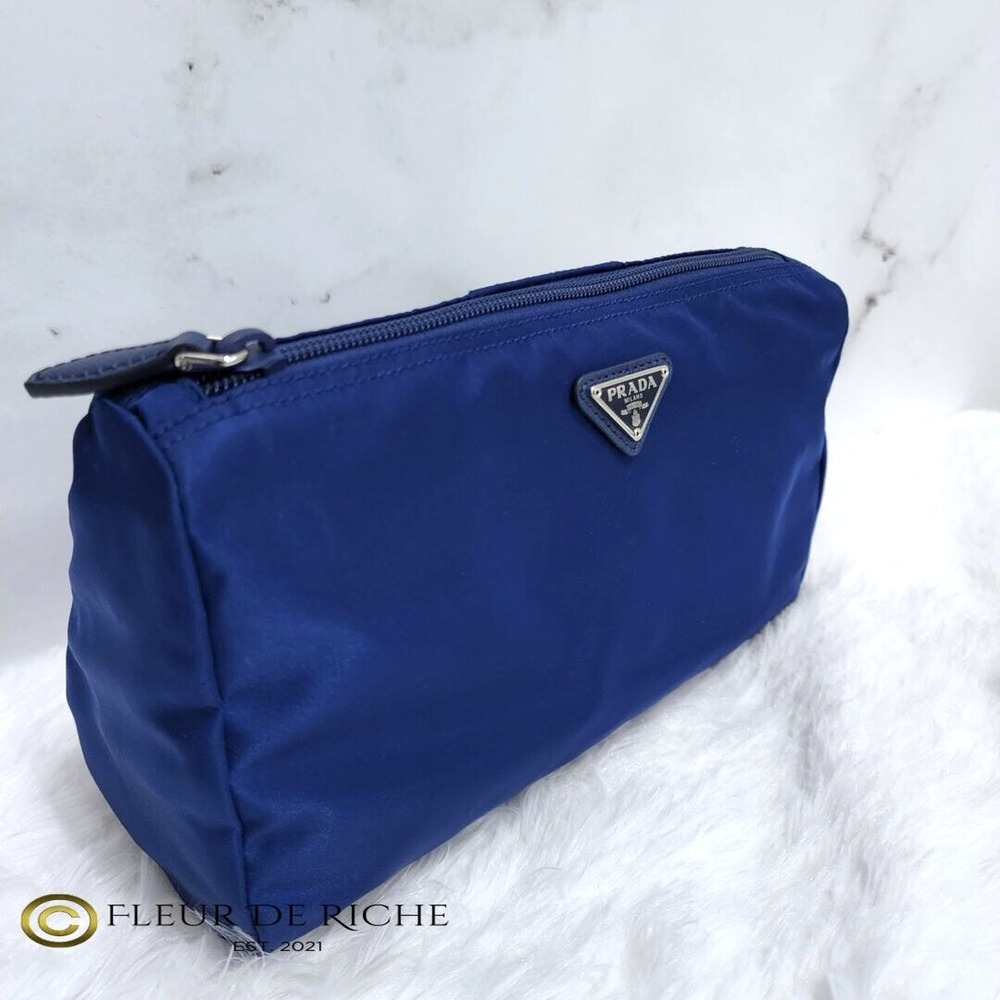 Prada Necessaire Tessuto Nylon Medium Toiletry Clutch Case Blue Bleuette 1NA012